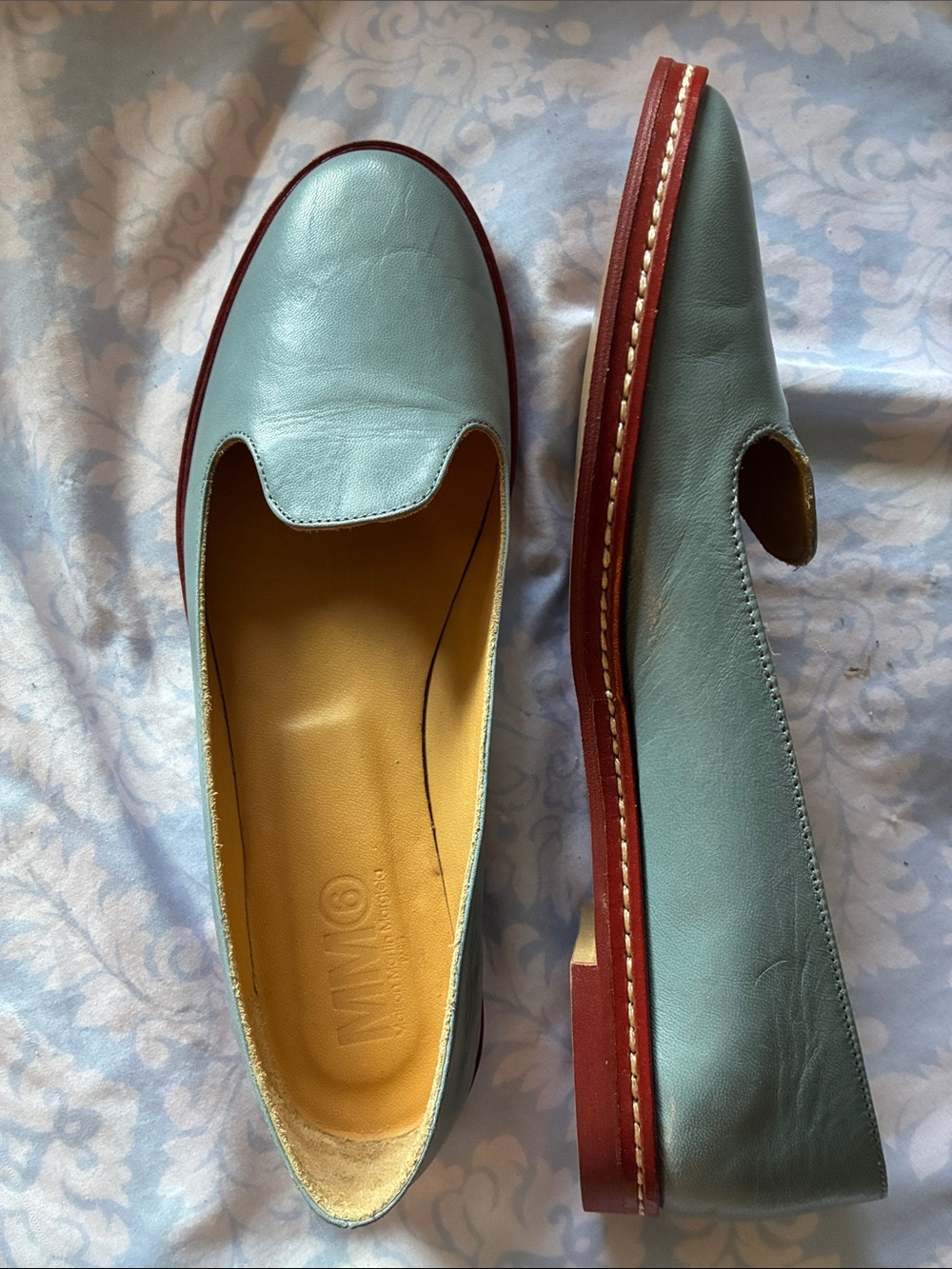 Maison Martin Margiela Light Blue Leather Loafers with reddish brown Trim